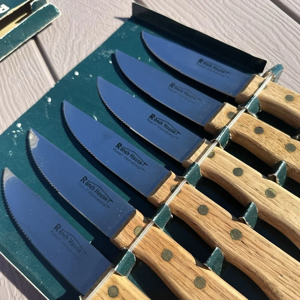 Set of 6 Russel International Steak Knives‎ WA Forge Wood Handle Stainless Steel